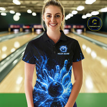 Load image into Gallery viewer, Female bowler wearing Blue Flames Bowling Ball and Pins bowling jersey during league competition