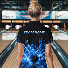 Load image into Gallery viewer, Female bowler wearing Blue Flames Bowling Ball and Pins bowling jersey during league competition