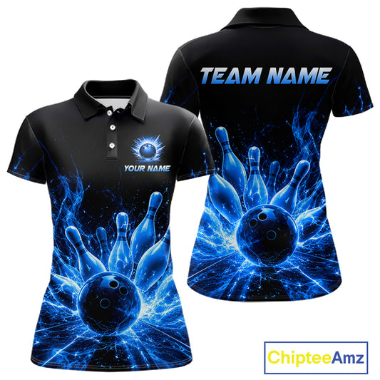 Blue Flames Bowling Ball and Pins women's bowling polo shirt custom thunder lightning bowling team jersey