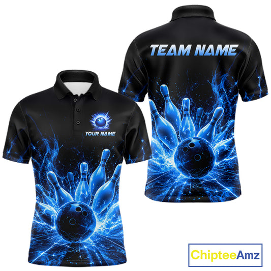 Blue Flames Bowling Ball and Pins men's bowling polo shirt custom thunder lightning bowling team jersey