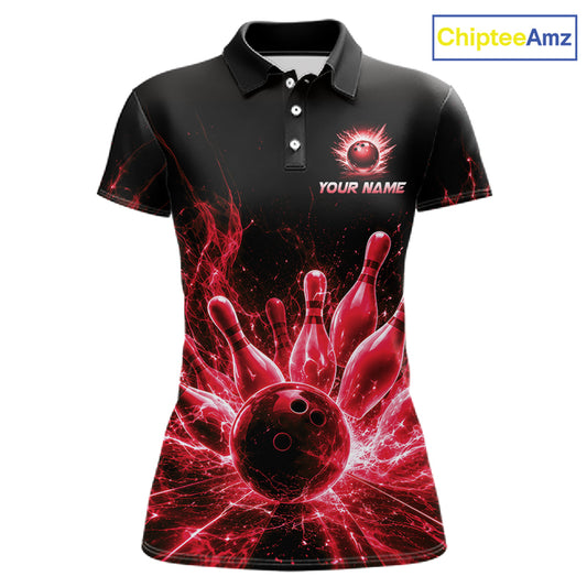 Red Flames Bowling Ball and Pins women's bowling polo shirt custom bowling team jersey, lightning bowling uniform