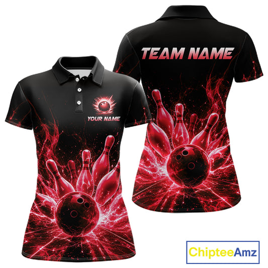 Red Flames Bowling Ball and Pins women's bowling polo shirt custom bowling team jersey, lightning bowling uniform