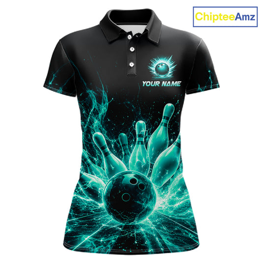 Teal Flames Bowling Ball and Pins women's bowling polo shirt custom thunder bowling team uniform