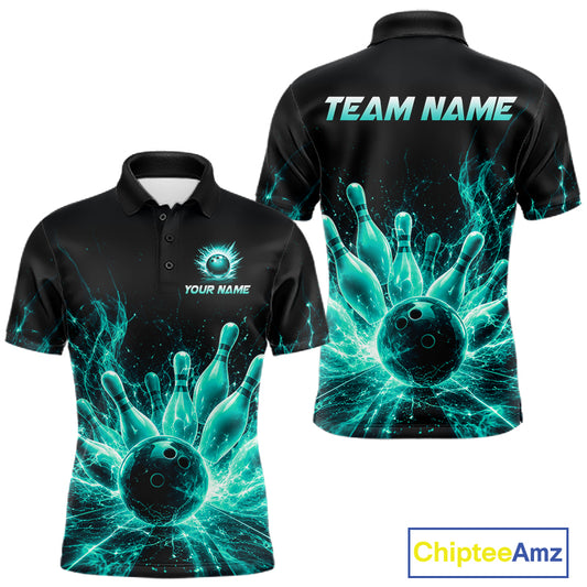 Teal Flames Bowling Ball and Pins men's bowling polo shirt custom thunder bowling team uniform