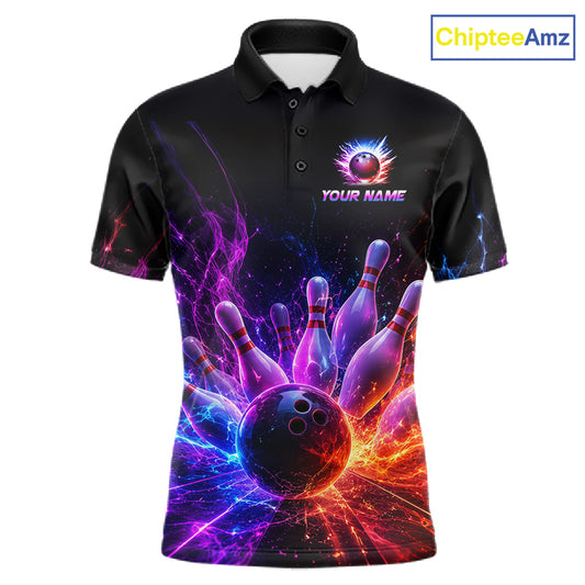 Colorful Flames Bowling Ball and Pins men's bowling polo shirt custom bowling team jersey, vibrant bowling apparel