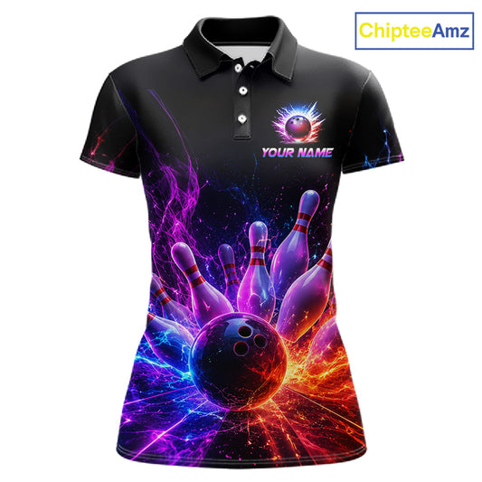Colorful Flames Bowling Ball and Pins women's bowling polo shirt custom bowling team jersey, vibrant bowling apparel