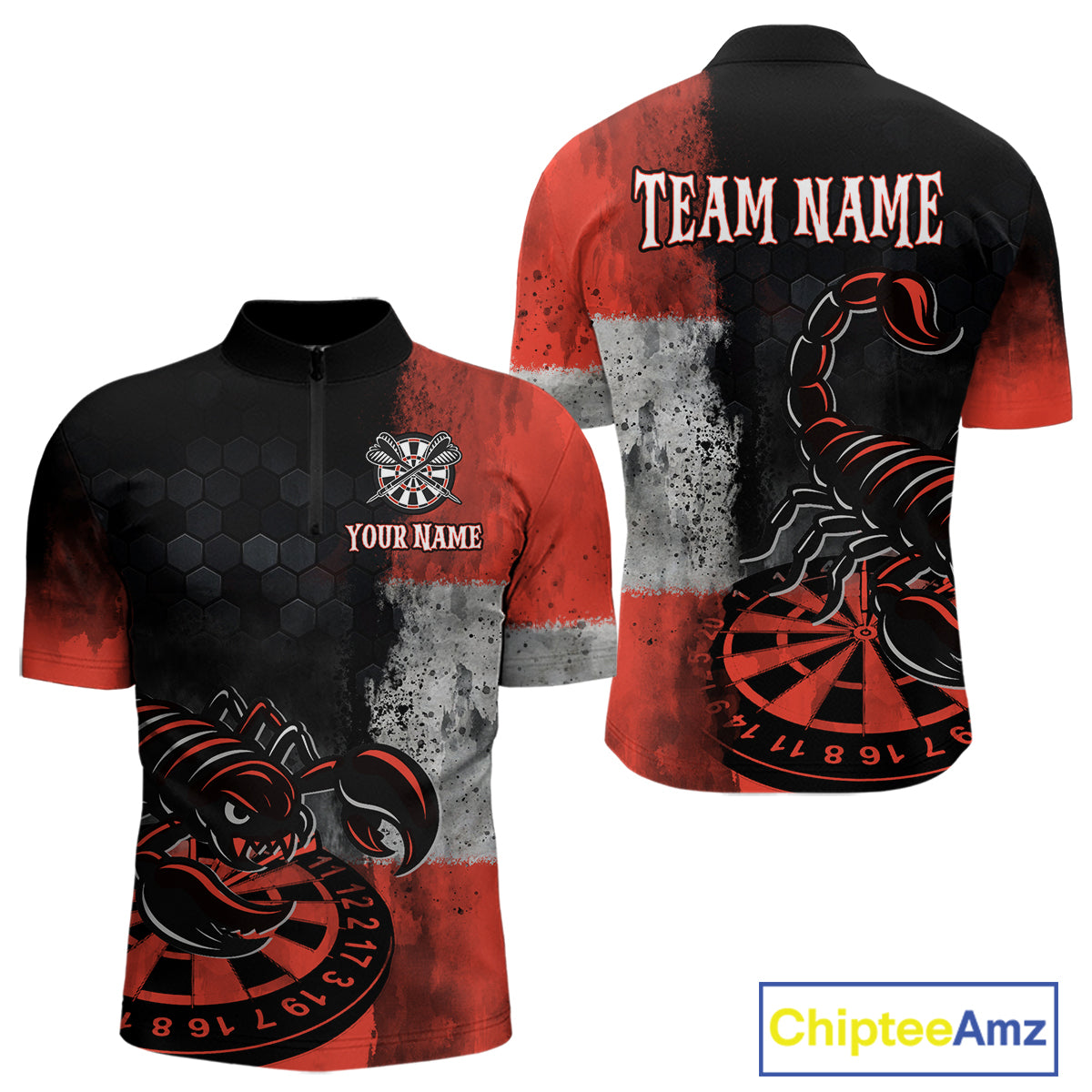 Custom Men's Darts 1/4-Zip Jersey Scorpion Red & Dartboard 3D Design For Darts Team NYN0766