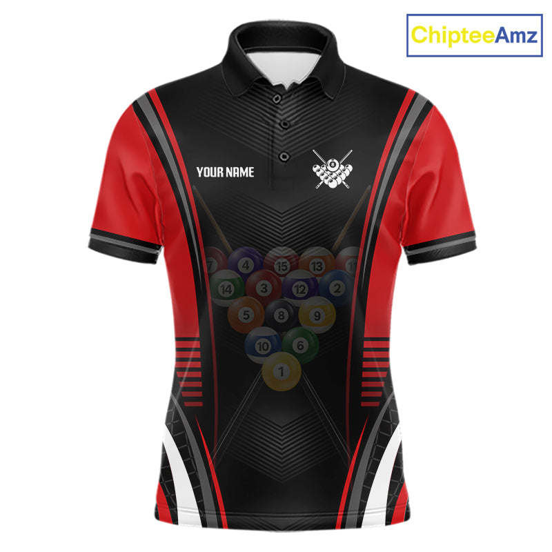 Black & Red Billiard Polo with personalized player name, custom pool team graphics, breathable tournament jersey, professional cue sports apparel, league champion clothing, custom sports uniform.