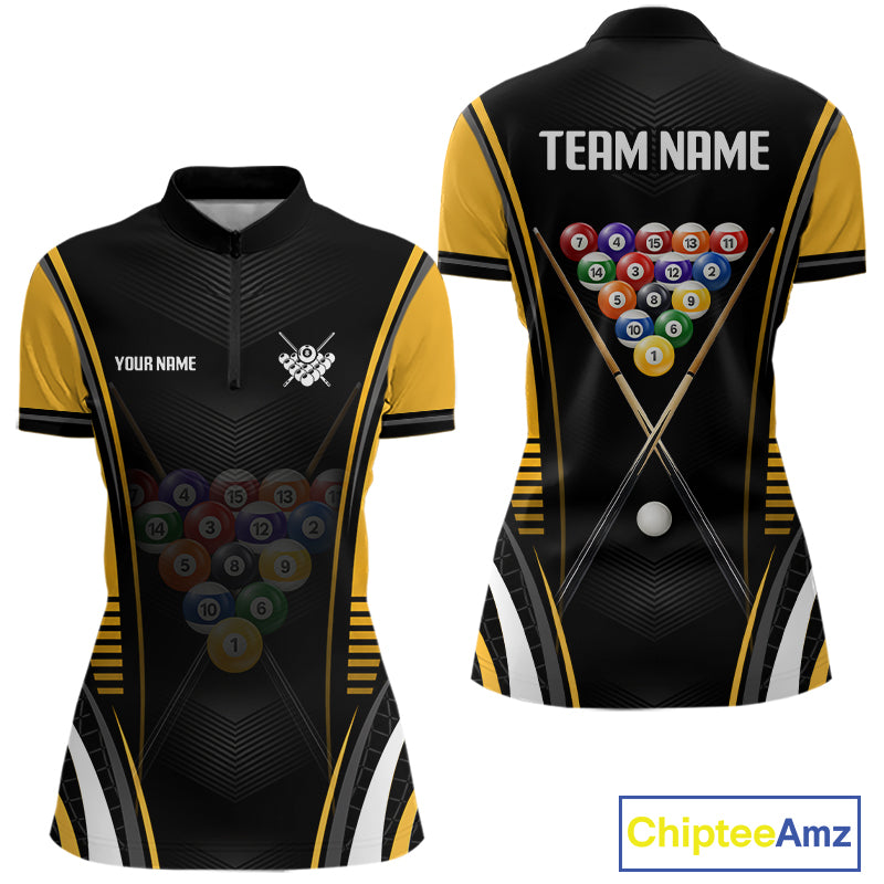 Black & Yellow Quarter-Zip Billiard Shirt featuring quick-dry athletic fabric, personalized graphics, professional billiard tournament apparel.