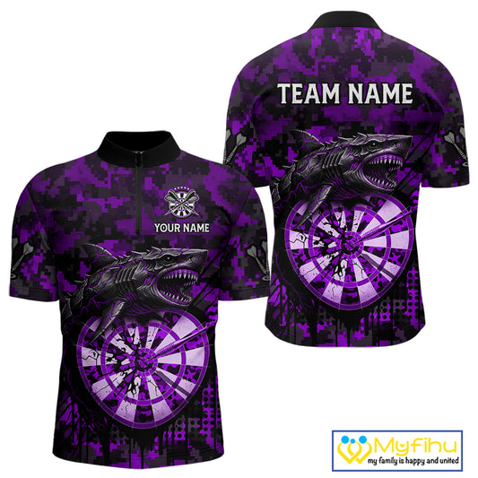 Custom Purple Digital Camo Dartboard Horror Shark Darts Quarter-Zip Shirt For Men Dart Gifts NYN1967