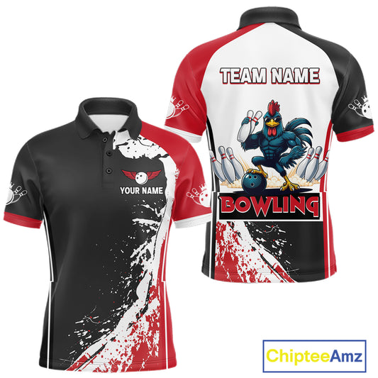 Personalized Funny Rooster Bowling Polo & 1/4-Zip Shirts For Men Splatter Bowling Team Jersey NYN2725