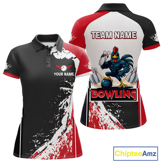 Personalized Funny Rooster Bowling Polo & 1/4-Zip Shirts For Women Splatter Bowling Team Jersey NYN2725