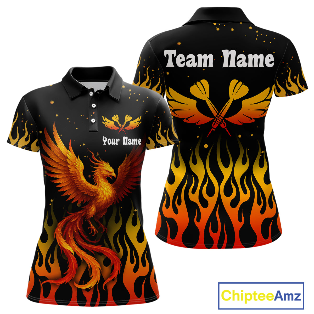 Women’s Darts Team Shirt - Rust Phoenix And Flame Pattern | Custom Name Option NYN0304