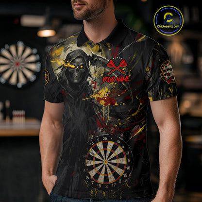 Custom Red Yellow Splatter Grim Reaper Men Darts Polo Shirt Cracked Dart Jerseys NYN1980