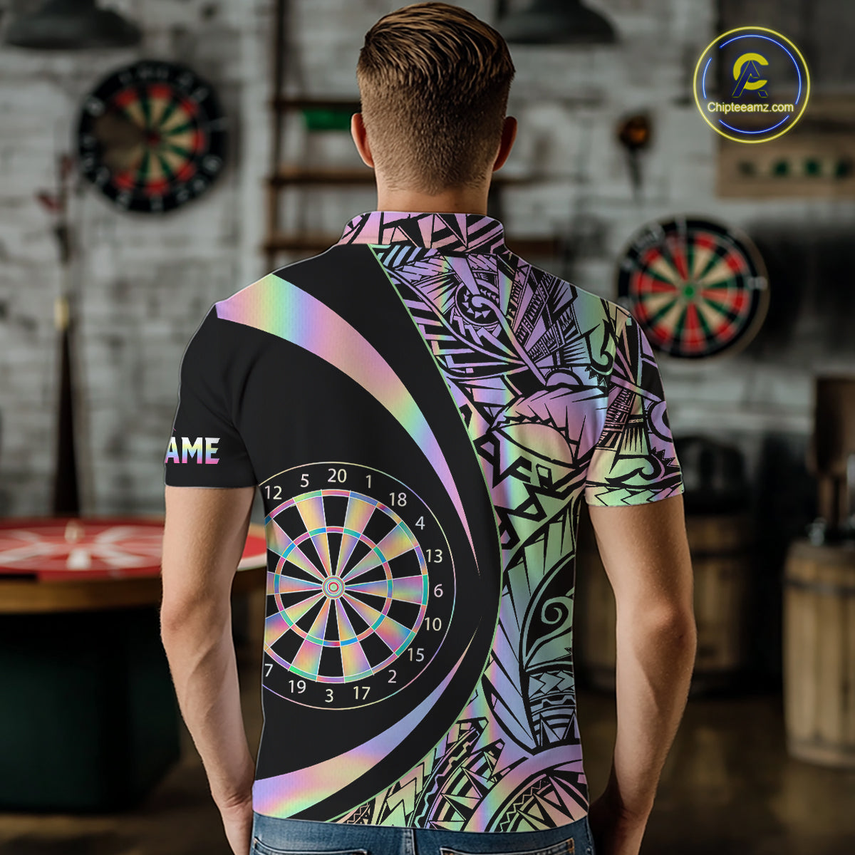 Black & Holographic Rainbow Tribal Dartboard Darts Polo Shirt For Men Custom Dart Team Jerseys NYN2522