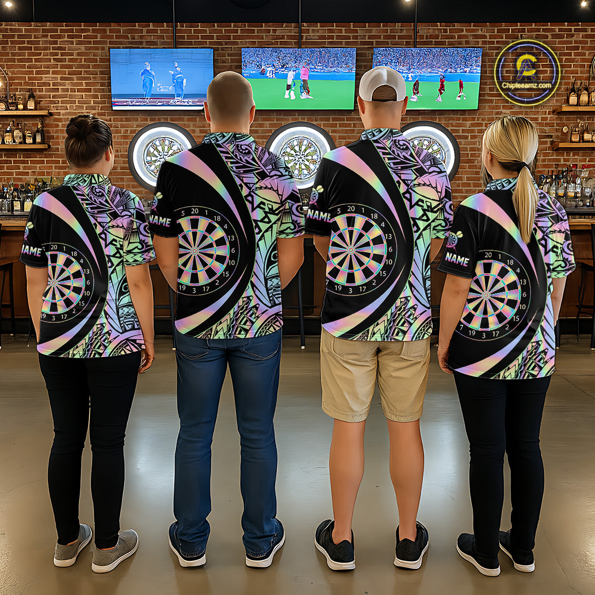 Black & Holographic Rainbow Tribal Dartboard Darts Polo Shirt For Men Custom Dart Team Jerseys NYN2522