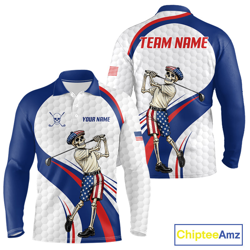 American Flag Golf Polo Shirts For Men Custom Skeleton Golfer Patriot Golf Team Clothing NYN3264