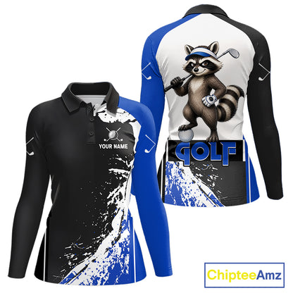 Funny Raccoon Women's Golf Polo Shirt mockup with blue splatter artwork, personalized golf polo, custom golf team apparel, wildlife golf clothing, breathable golf shirt, golf tournament uniform.