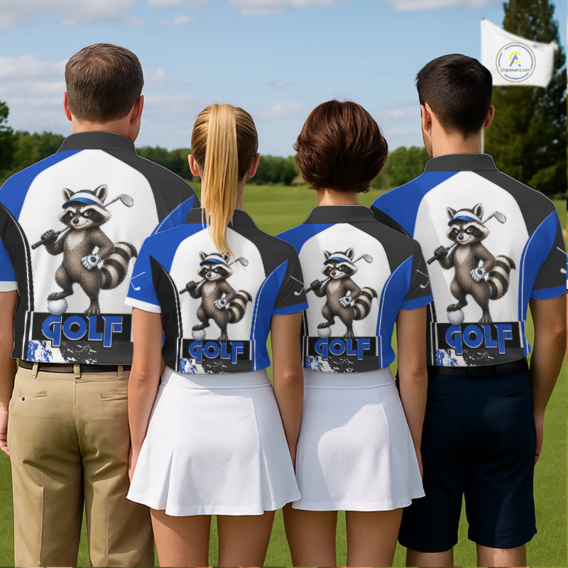 Golf team wearing matching Funny Raccoon Golf Polo Shirts, personalized golf uniforms, woodland mascot golf apparel, custom golf outing clothing, golf league jerseys.