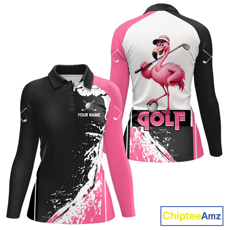 Funny Flamingo Women's Golf Polo Shirt mockup with pink splatter design, personalized golf polo, tropical golf apparel, custom golf team clothing, breathable performance golf shirt.