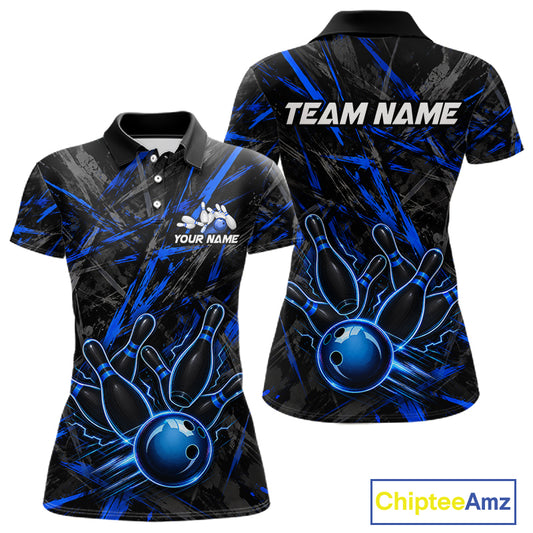 Black And Blue Strikes Grunge Bowling Polo & 1/4-Zip Shirt For Women Custom Thunder Bowling Team Jersey NYN3267