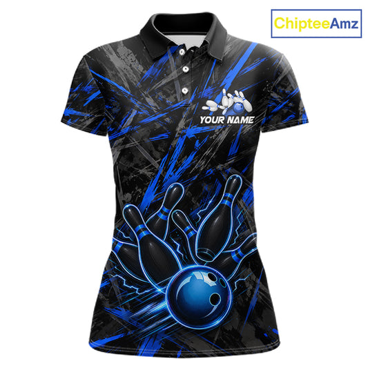 Black And Blue Strikes Grunge Bowling Polo & 1/4-Zip Shirt For Women Custom Thunder Bowling Team Jersey NYN3267