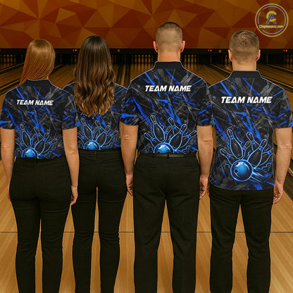 Black And Blue Strikes Grunge Bowling Polo & 1/4-Zip Shirt For Women Custom Thunder Bowling Team Jersey NYN3267