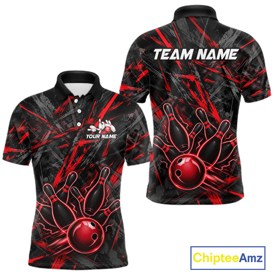 Black And Red Strikes Grunge Bowling Polo & 1/4-Zip Shirt For Men Custom Thunder Bowling Team Jersey NYN3268