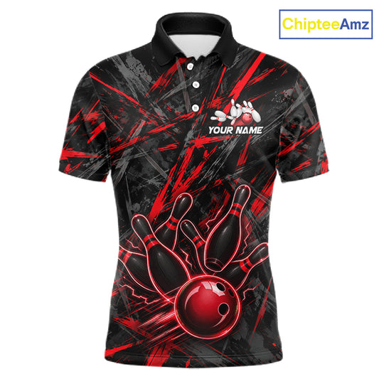Black And Red Strikes Grunge Bowling Polo & 1/4-Zip Shirt For Men Custom Thunder Bowling Team Jersey NYN3268