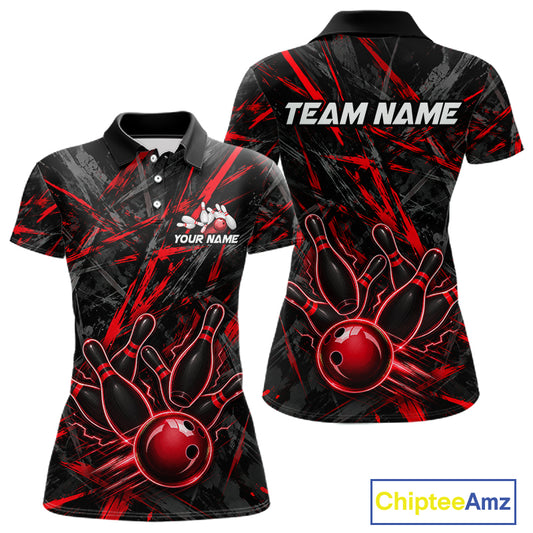 Black And Red Strikes Grunge Bowling Polo & 1/4-Zip Shirt For Women Custom Thunder Bowling Team Jersey NYN3268