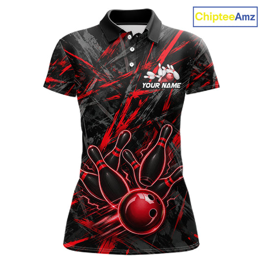 Black And Red Strikes Grunge Bowling Polo & 1/4-Zip Shirt For Women Custom Thunder Bowling Team Jersey NYN3268