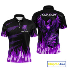 Load image into Gallery viewer, Men's Custom Darts Team Shirt With Purple Phoenix Dartboard And Flame Pattern NYN0341