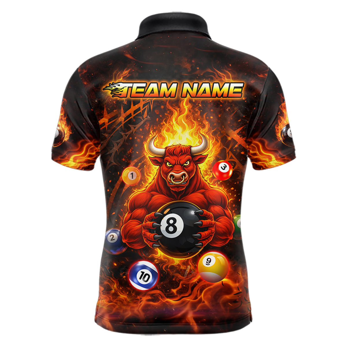 Fire Flame Funny Bull Plays Pool Ball Billiard Shirt For Men Custom 8 Ball Billiard Team Attire NYN2565