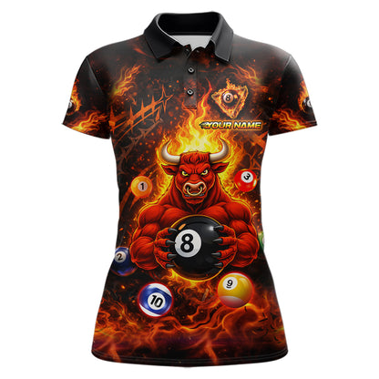 Fire Flame Funny Bull Plays Pool Ball Billiard Shirt For Women Custom 8 Ball Billiard Team Attire NYN2565