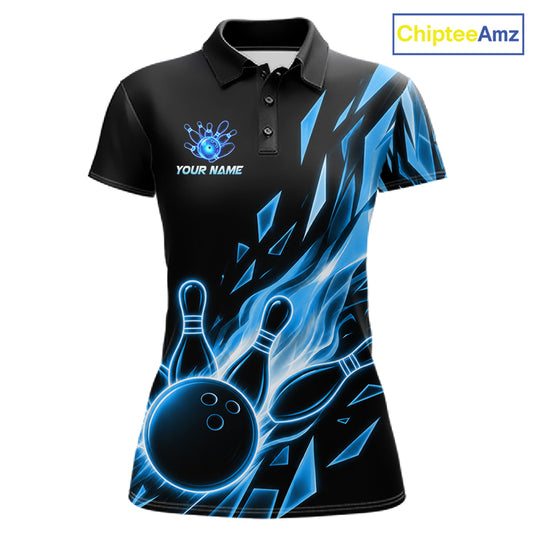 Fire Flame Bowling Ball And Pins Bowling Polo Shirt For Women Custom Blue Broken Glass Bowling Team Jersey