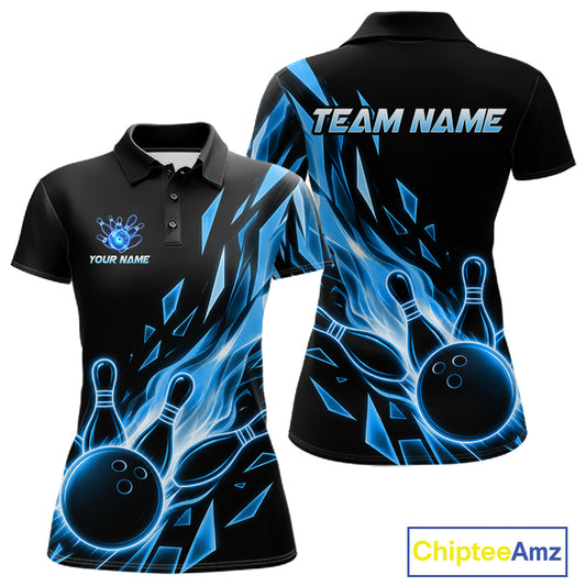 Fire Flame Bowling Ball And Pins Bowling Polo Shirt For Women Custom Blue Broken Glass Bowling Team Jersey
