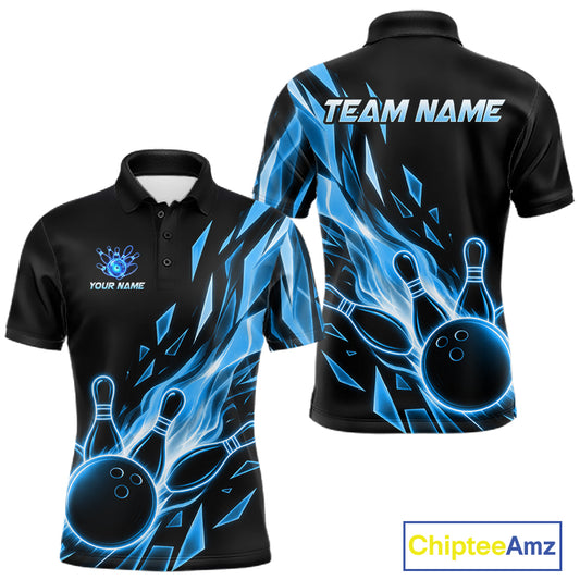 Fire Flame Bowling Ball And Pins Bowling Polo Shirt For Men Custom Blue Broken Glass Bowling Team Jersey