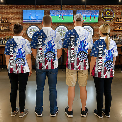 Blue Flaming Dartboard Custom US Flag Smoke Women Dart Polo & 1/4-Zip Shirt Gifts For Dart Players NYN3339