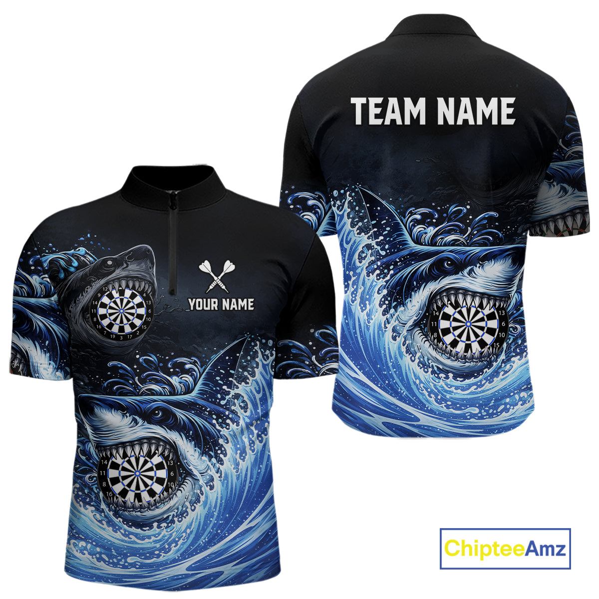Personalized Funny Shark Waving Blue Dartboard Men Darts 1/4-Zip Shirt Custom Darts Team Jerseys NYN2583