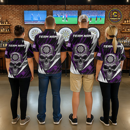 Silver Skull Purple Grunge US Flag Men Darts Polo Shirt Custom Name Dart League Jerseys NYN2062