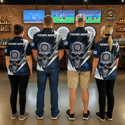 Silver Skull Blue Grunge US Flag Men Darts Polo Shirt Custom Name Dart League Jerseys NYN2063