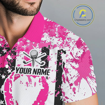 American Flag Splatter Pink Men Golf Polo Shirt Custom Breast Cancer Golf Team Outfits NYN3386