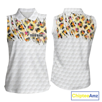 Yellow leopard pattern womens golf sleeveless polo shirt custom golf team outfit