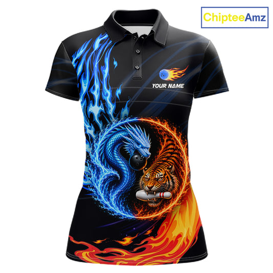 Dragon and Tiger women's bowling polo, blue red flame bowling shirt, personalized bowling team jersey