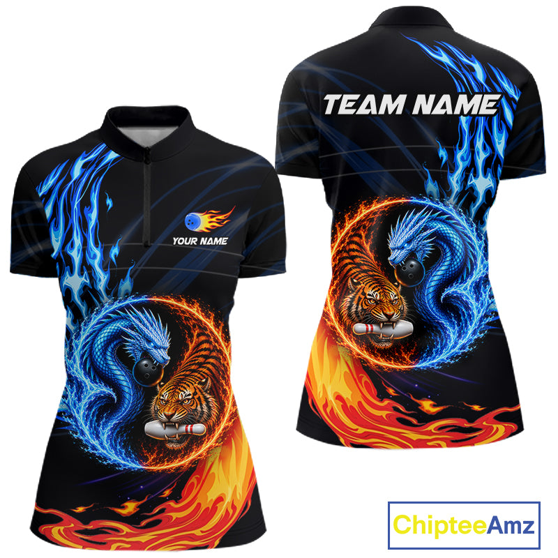 Women's Dragon Tiger bowling quarter-zip, mythological bowling jersey