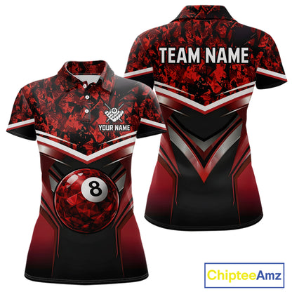 Black & Red Geometric 8 Ball Pool Polo & 1/4-Zip Shirt For Women Custom Pool Billiard Team Jerseys NYN2980