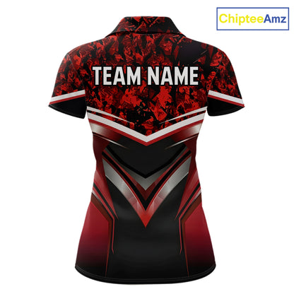 Black & Red Geometric 8 Ball Pool Polo & 1/4-Zip Shirt For Women Custom Pool Billiard Team Jerseys NYN2980
