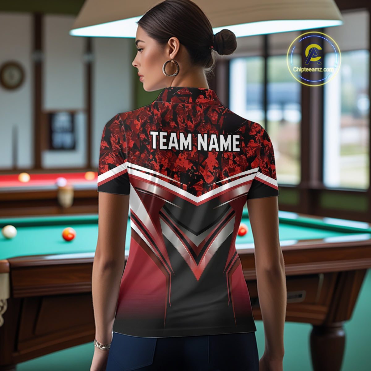 Black & Red Geometric 8 Ball Pool Polo & 1/4-Zip Shirt For Women Custom Pool Billiard Team Jerseys NYN2980