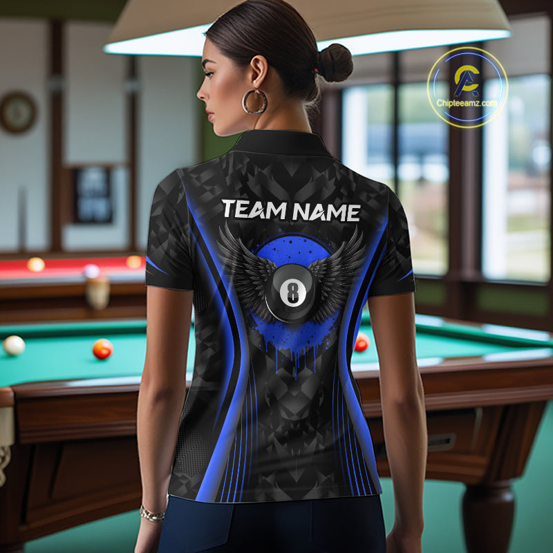 Blue Dripping Wings 8 Ball Billiard Polo 1/4-Zip Shirt For Women Custom Billiard Pool Team Jersey NYN3943