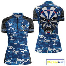 Load image into Gallery viewer, Blue And Black Camo Skull Dartboard Women's Darts Shirt Custom Name For Darts Jersey NYN0694